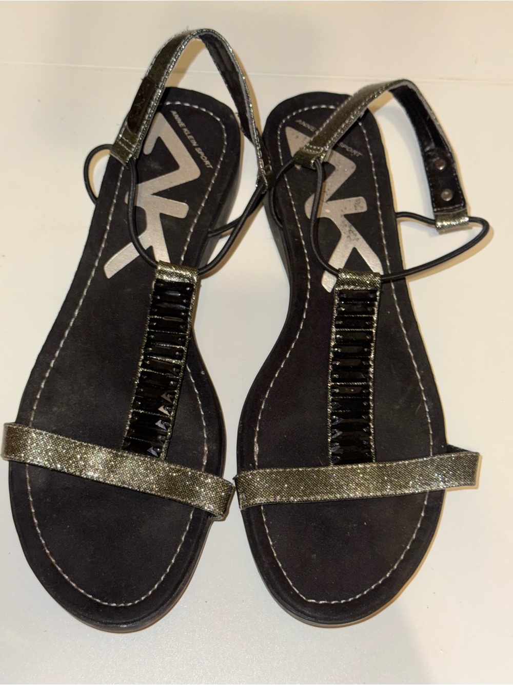 Anne Klein Black and Gold T-Strap Women's Sandals